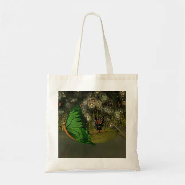 Cute Fairy in Boat with Fireflies Tote Bag