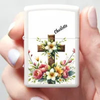 Christian Cross Framed by Colorful Floral Halo Zippo Lighter