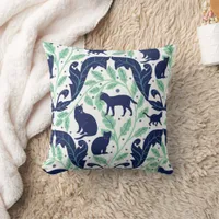 Elegant Chinoiserie Blue Mint Black Cat-Whimsical  Throw Pillow