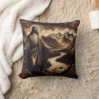 Jesus With Outstretched Arms in Mountain Landscape Throw Pillow