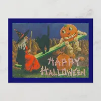 Vintage Witch & Jack o' Lanterns Play Time Postcard