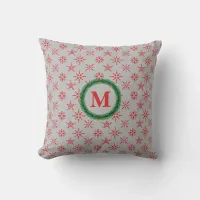 Wreath Monogram Red Snowflakes Silver Background Throw Pillow