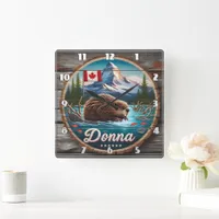 Canadian Beaver in Forest Pond With Mountains Square Wall Clock