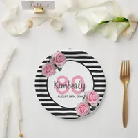 80th birthday party pink floral black stripes paper plates