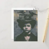 Surreal Black and White Caged Bird and Child Retro Postcard