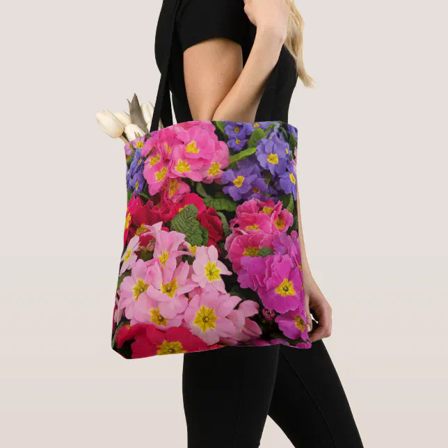 Colorful Floral Pink Blue Purple Primula Flowers Tote Bag