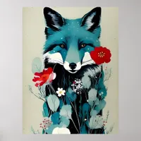 Blue Fox Red and White Flowers Poster