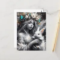 Fairy and Her Cute White Rabbit Postcard