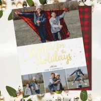 Script Red Plaid New Home for Holidays Photo Foil Holiday Card