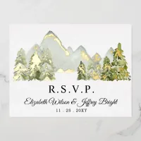 Rustic Watercolor Mountains Pine Winter RSVP   Foil Invitation Postcard