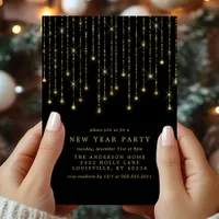 Gold String Lights Chic Black New Years Eve Party Invitation