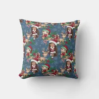 Blue Christmas Theme Adorable Elf Deer Throw Pillow