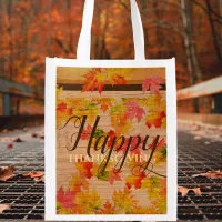 Happy Thanksgiving Fall Maple Leaves On Barn Wood Grocery Bag