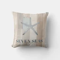 Blue starfish rustic beige driftwood text coastal outdoor pillow