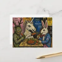 Green Creature, Unicorn and Bunny Eat Carrots Postcard