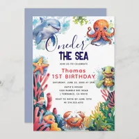 Cute Kids Watercolor Oneder the Sea 1st Birthday Invitation