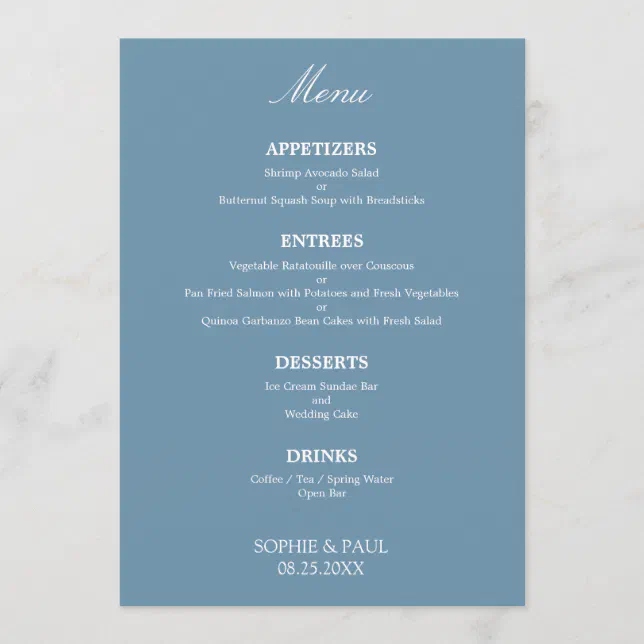 Stylish Elegant Dusty Blue Wedding Menu