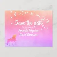 Save the date unicorn rainbow colors wedding announcement postcard