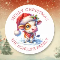 Cute Cow in Santa Hat Personalized Christmas Classic Round Sticker