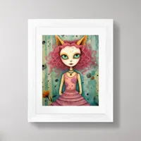 Adorable Lady With Cat Ears Mixed Media Collage Framed Art