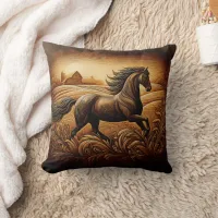 Engraved Horse Running Across Wheat Field Throw Pillow