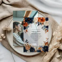 Navy Blue, Burnt Orange & Champagne Floral Wedding Vellum Invitations