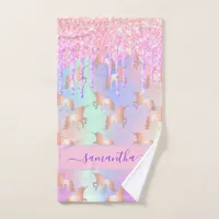 Unicorn pink purple name holographic hand towel 