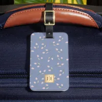 Elegant Pastel Blue Floral Shiny Gold Monogram Luggage Tag