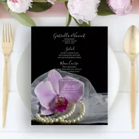 Pink Orchid and Pearls on Black Wedding Menu