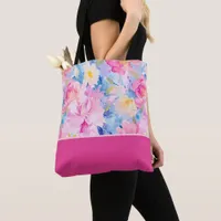 Pink Blue Abstract Watercolor Flowers Color Block  Tote Bag