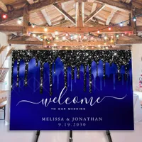 Elegant Black Blue Glitter Drips Wedding Welcome  Foam Board