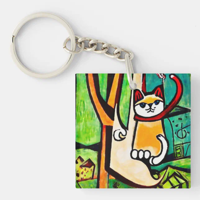 Cat in a tree- abstract naive keychain