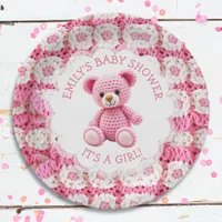 Cute Crocheted Teddy Bear Girl's Baby Shower Paper Plates