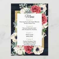 Rustic Wood Navy Burgundy Gold Floral Wedding Menu