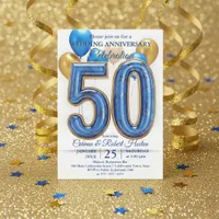Glam Blue Gold Balloons 50th Wedding Anniversary  Invitation