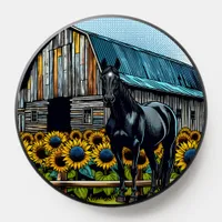 Pretty Black Horse and Rustic Barn with Sunflowers PopSocket