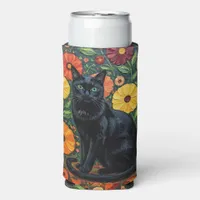 Black Cat and Colorful Folk Art Flowers Seltzer Can Cooler