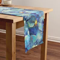 Handpainted Watercolor Floral Aqua and Blues Short Table Runner