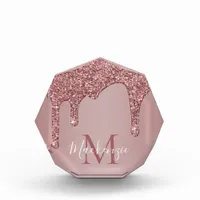Rose Gold Sparkle Glitter Drips Monogram Acrylic Award