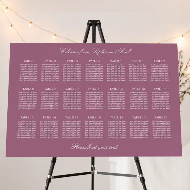 Mauve 21 Table Wedding Seating Chart Foam Board