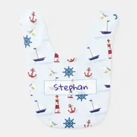 Nautical beachy anchors and lighthouses Baby Name Bib