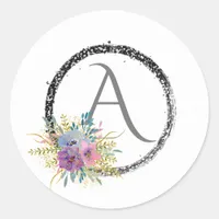 *~* Popular Girly Glitter Initial Monogram  Floral Classic Round Sticker