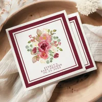 Burgundy Floral Watercolor Flowers Baby Shower Napkins