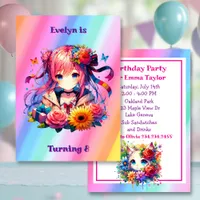 Cute Rainbow Anime Girl and Kitten Birthday Party Invitation