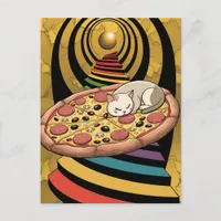 Surreal Cat on a Pizza Rainbow Stairs Gold Planet Postcard