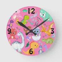 Cute Dinosaur Pattern on Pink | Round Clock