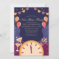 Confetti Clock Balloons Festive New Year Party Invitation