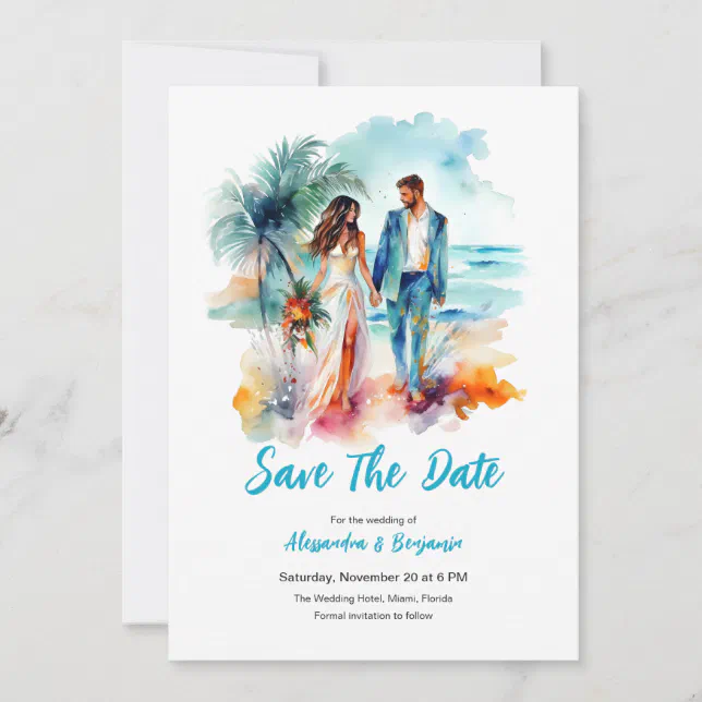 Couple at Beach Watercolor Wedding | Save The Date Invitation