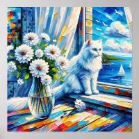 White Cat in Window sill Looking out at the Ocean Poster