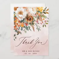 Rustic Orange Floral Fall Wedding  Thank You Card